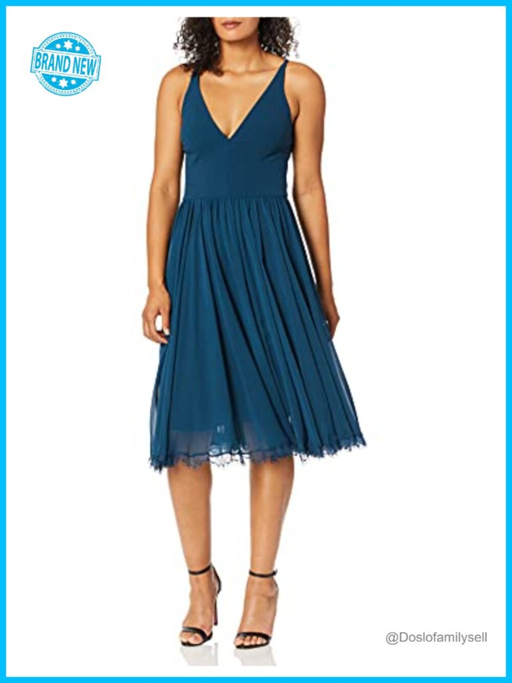 Fit and Flare Midi Dress Plunging V-Neck Sleeveless